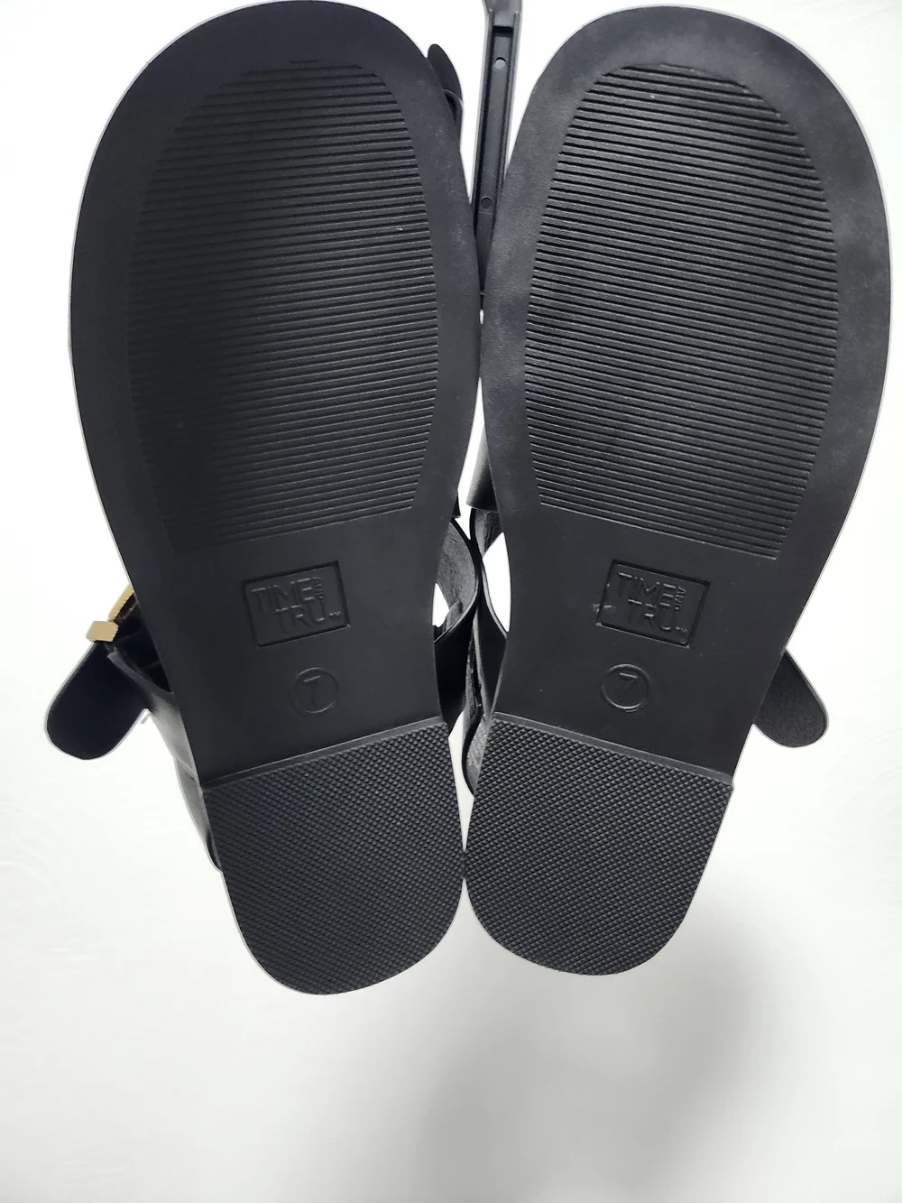 Time and Tru Black Cross-Strap Sandals with Gold Buckle